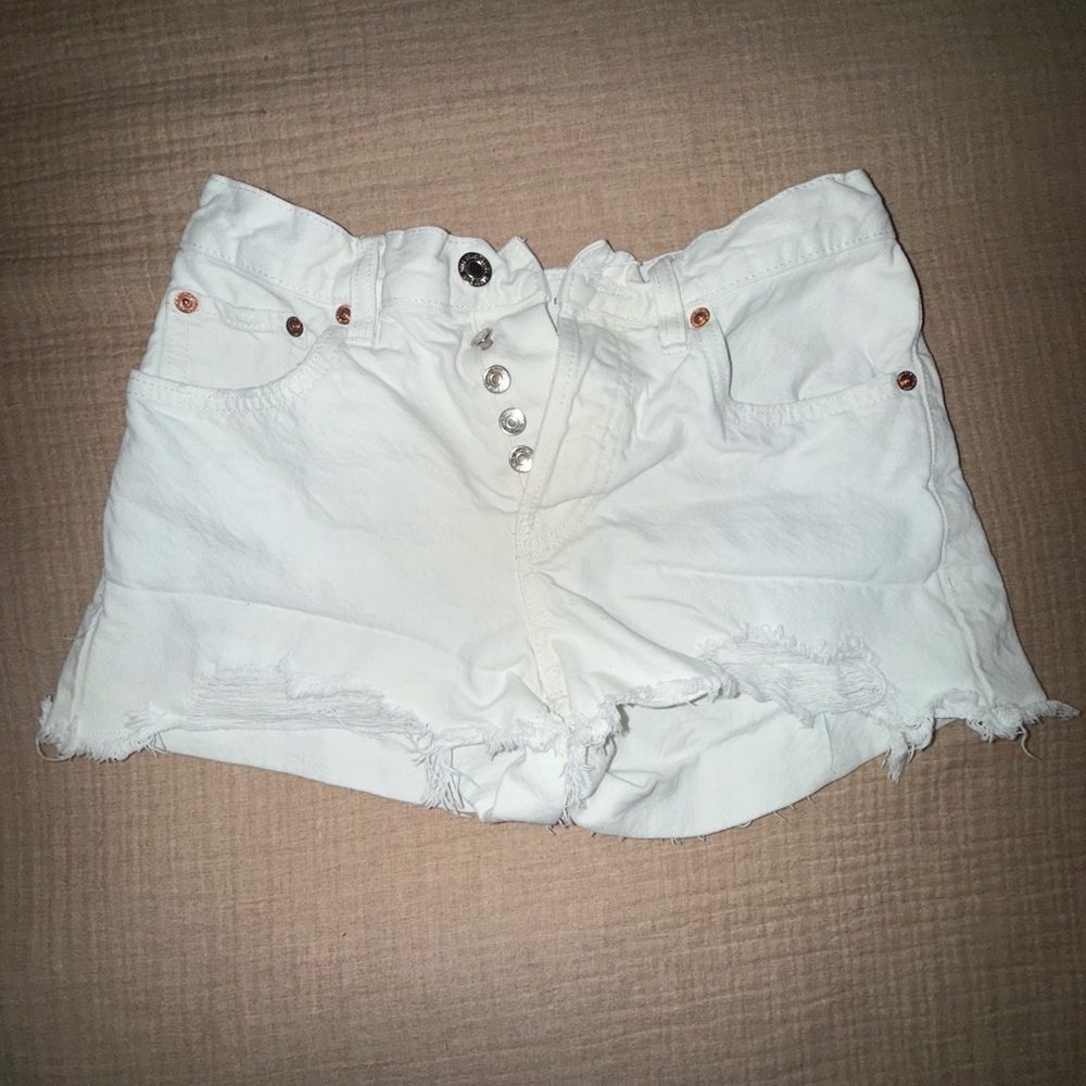 Mango White Jean Shorts with Frayed Hem